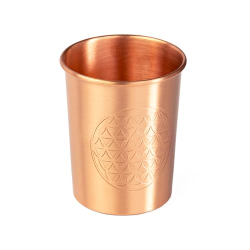 Bodhi Kupferbecher 2er Set | Ayurveda Trinkbecher aus reinem Kupfer | Trinkbecher mit 250 ml Volumen | Wasser Becher mit Design Veredelung | Langlebige Metallbecher | Blume des Lebens