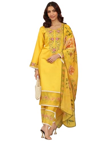 Image of Libas Embroidered Silk blend Straight Kurta With Trouser and Dupatta | ethnic wear | bridal suit | wedding dress | occasion wear