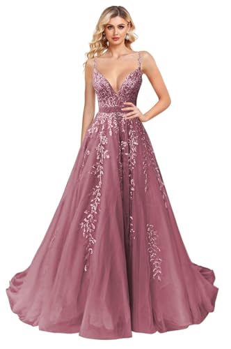 homdor Sparkly Sequin Appliques Tulle Prom Dresses Long Spaghetti Straps Ball Gown V Neck Formal Evening Party Gowns