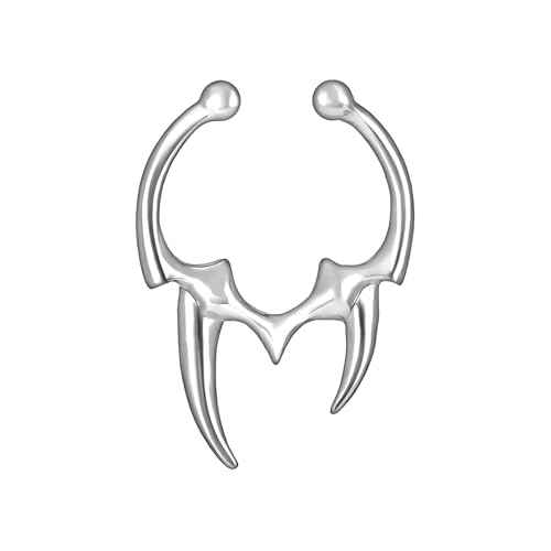 Silver Plated Septum Cuff with Tribal Fangs, Fake Nose Jewelry Fashion Piercing Clip-On Hugger - Silver