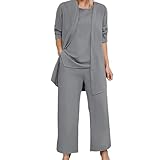 Semi Formal Outfits for Women 3 Piece Dressy Pant Suits Mother of The Bride Wedding Guest Pantsuit Seniors Sleeveless Crew Neck Tank Tops Wide Leg Palazzo Pants with Long Sleeve Shirt Jacket Grey