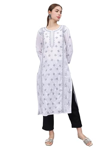 Image of Seva Chikan Hand Embroidered Lucknowi Chikankari Cotton Straight Kurta for Women SCL4567