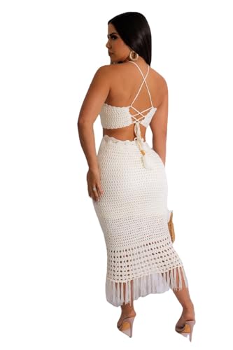 Image of Women Plus Two-Piece Skirt Set Tassel Fishing Net Knittin Hollow Out Off Shoulder Beach Dresses Swimsuit Cover Ups