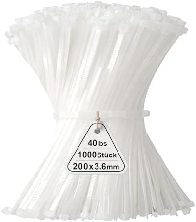 1000 Stück Kabelbinder Weiß, 200mm x 3,6mm Industrie Cable Ties, Mehrzweck UV-Beständig Langlebig Klein Nylon Selbstsicherndes Zip Tie mit 18kg für Gartenarbeit, Hause, Büro, Werks