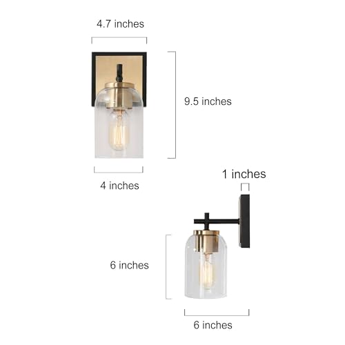 Image of KSANA Black & Gold Wall Sconces, Electroplate Brass Sconce Wall Lighting, Modern 1-Light Bathroom Light Fixtures with Clear Glass Shade for Stairway, Living Room and Kitchen