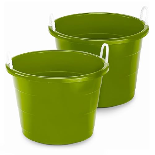 HOMZ 2-Pack Utility Tub, Large Plastic Storage Bucket with Rope Handles, 17 Gallon, Green - Portable Indoor and Outdoor Buckets for Kitchen, Laundry, Garden, Bathroom, and Garage Organization