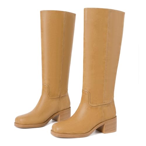 Image of Knee High Boots for Women Chunky Block Heel Tall Boots | Square Toe, Pull on, Faux Leather, Low Heel, Easy to Style, True to Size, Comfortable for Daily Wear, Vintage Riding Boot