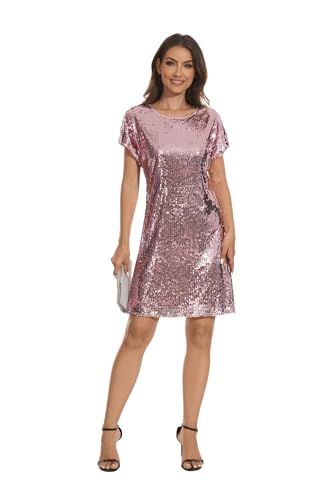 Image of Women's Crewneck Sequin Shift Dress Short Sleeve Casual Holiday Sparkly Party Dress