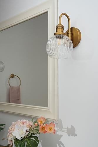Image of Yosoan Aged Brass Gold Boho Vintage Bathroom Wall Sconce with Striped Shade, 1-Light Indoor Hardwired Vanity Wall Mounted Fixture with Round Glass Lamp for Bedroom Mirror Living Room(Antique)