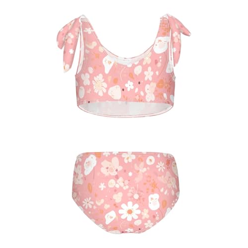 A Pattern of Flowers in Pink Girls Two Piecing Kids Bikini Set Scoop Neck Bathing Suit Swimwear Cute Shoulder Strap2