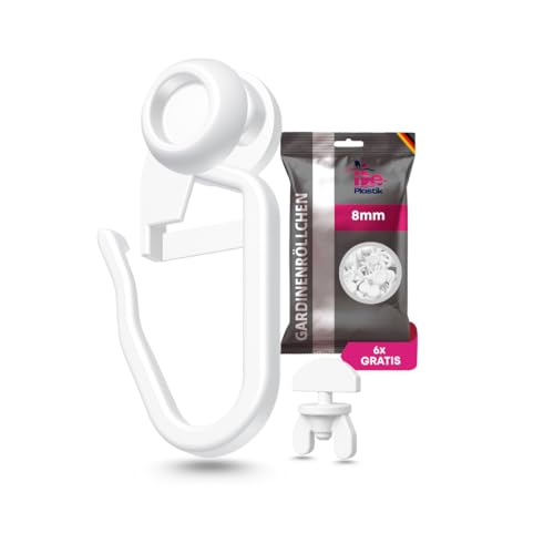 De-Plastik | Gardinenröllchen 100 STK. + 6 Feststeller | Ø 8 mm Kugelrolle | Für Innenlaufschienen & Vorhangschienen | Leise & Waschmaschinenfest | Stabile Rollen mit Faltenleghaken