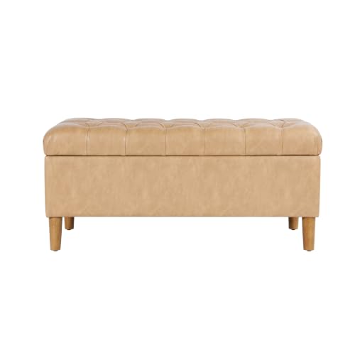 Image of HomePop 40 inch Button Tufted Storage Bench with Cone Wood Legs - Sand Faux Leather