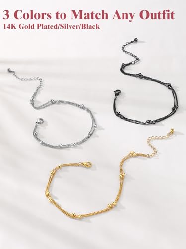Image of FOCALOOK 14K Gold Plated Anklets for Women Waterproof Plus Size Ankle Bracelet 8.5-10.5 Inch Adjustable Mariner /Figaro /Flat Snake /Cuban Link Chain Anklet Jewelry for Summer Beach Holiday