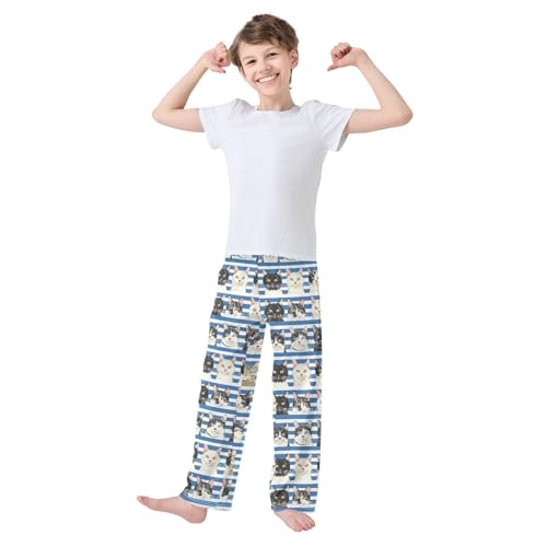 Cats on Blue and White Striped Pajamas Bottoms with Pockets Comfy Pjs Sleepwear Elastic Waistband Pajamas Pants Lounge Pants for 6-14 Years2