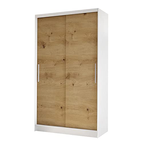 Mirjan24 Kleiderschrank Margite I mit Kleiderstange und 5 Fächer, Schlafzimmerschrank Flurschrank Garderobenschrank Dielenschrank Schwebetürenschrank (weiß/Artisan Eiche)