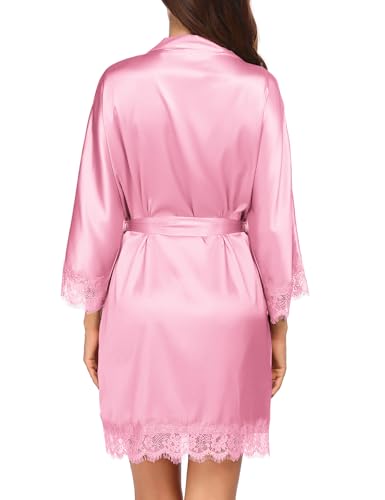 Image of Ekouaer Womens Silk Robes Short Lace Trim Satin Bride Bathrobe with Pockets