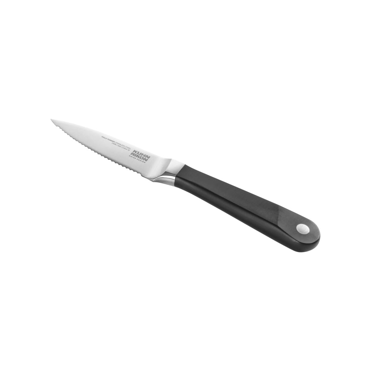 Kuhn Rikon CULINARY FORGED Serrated Paring Knife Rockwell-Hardened Carbon Steel Blade. Durable, Sharp Knife. Total Length = 21cm. Blade Length = 9cm. Full Tang Precision Balance.