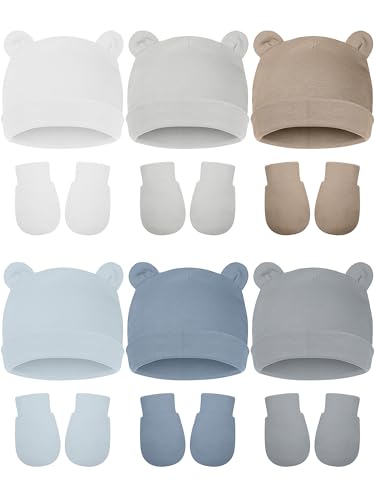Geyoga 12 Pieces Newborn Hat Mittens Gloves Set Baby Boys Girls Cotton Baby Beanie for 0-12 Months