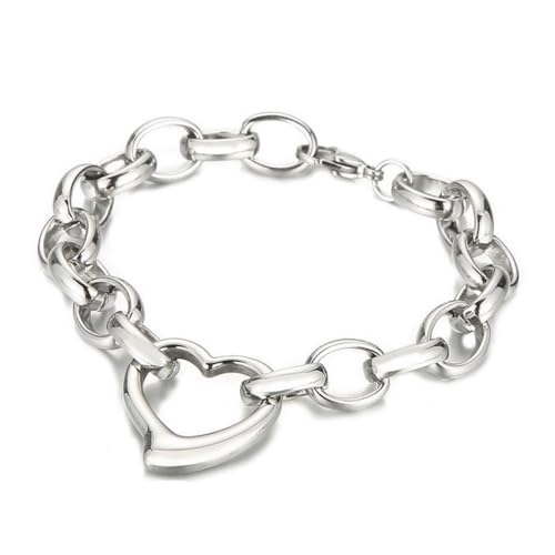 Stainless Steel Heart Chunky Chain Bracelet Charm Jewelry for Women Couples Gift