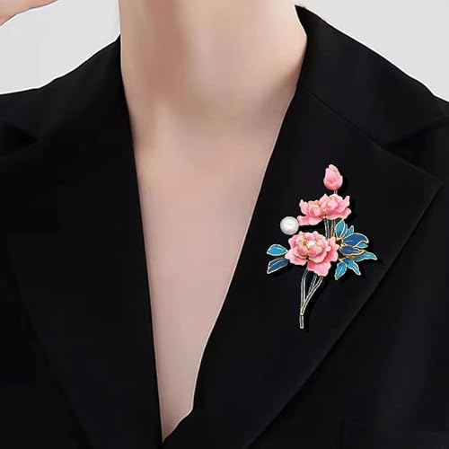 Image of Dainty Flower Brooch Pin for Women Graceful Peony Pearl Enamel Badge Lapel Pin Brightly Colored Corsage Pin Chic Banquet Party Jewelry Dress Accessories Gift