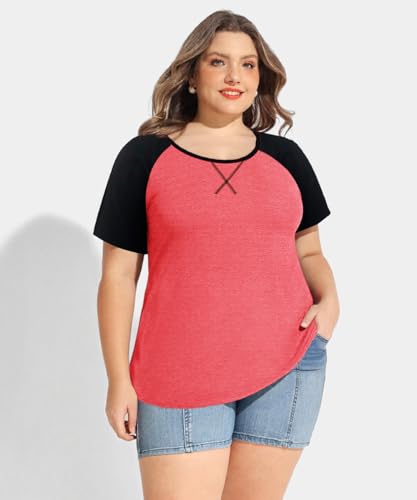 Image of CARCOS Plus Size Tops for Women Short Sleeve Shirt Summer Star /Leopard /Tie Dye /Flower Crewneck Pullover Tunic XL-5XL