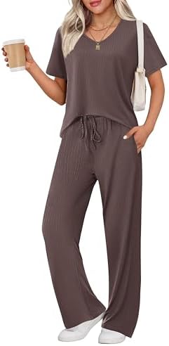 Ekouaer Womens Ribbed Knit Lounge Set Short Sleeve Top and Long Pants Sleepwear Pajama Set Two Piece Matching Outfits Set