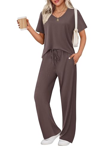 Ekouaer Womens Ribbed Knit Lounge Set Short Sleeve Top and Long Pants Sleepwear Pajama Set Two Piece Matching Outfits Set