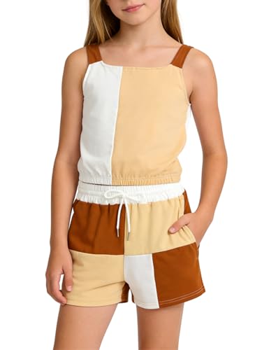 Image of Size 7-14Y Girls Clothes 2 Piece Outfits Striped Tank Top Drawstring Shorts Teen Girls Summer Clothing Sets