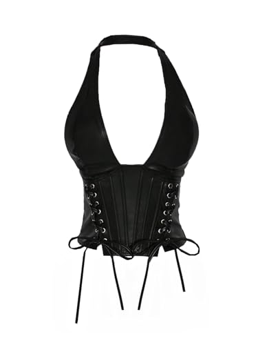 SOLY HUX Women's Plus Size Halter Tops PU Leather Deep V Neck Lace Up Backless Sleeveless Summer Crop Tank Top