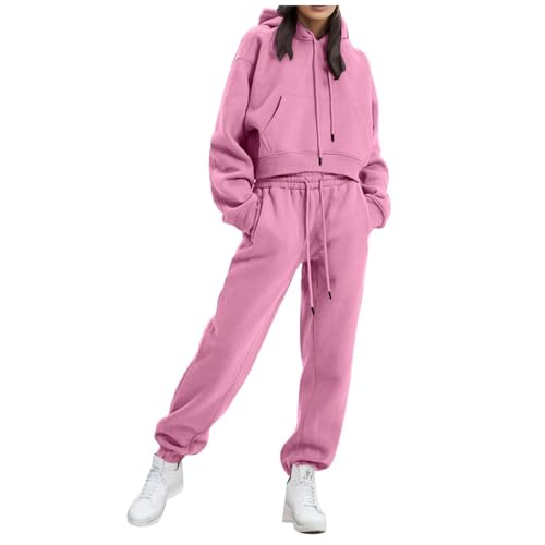 Generisch Traje de casa para mujer, sudadera con capucha, chándal de manga larga, cuello redondo, monocolor, traje deportivo de dos piezas, 2 piezas, sudadera y pantalones de chándal, A32rojo, L