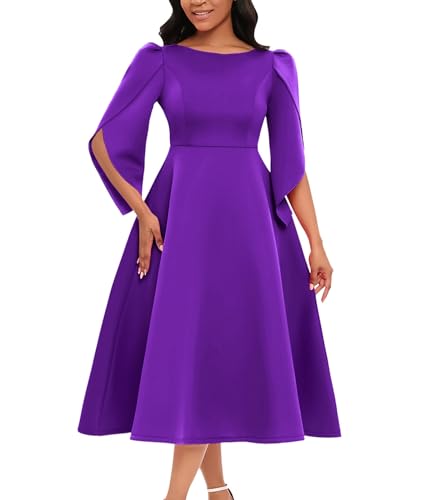 SOMTHRON Women's Elegant 3/4 Petal Sleeve Long Maxi Dress Crewneck A-Line Pleated Swing Formal Cocktail Party Dress