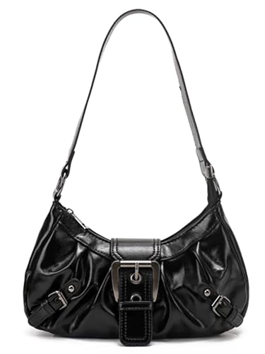 AFMKTICA Y2K Trendy Purse for Women, Leather Buckle Punk Hobo Clutch Purses Bags for Ladies Top Handle Shoulder Bag (Deep black)