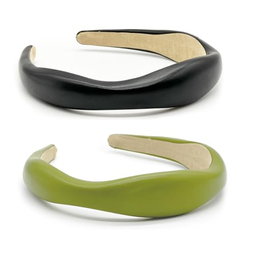 Cerchietto per capelli rigido da donna, in pelle, imbottito,Fascia per capelli stile retrò Fasce comode e comode per donne e ragazze,largo 3 cm (Nero+Verde, ONE SIZE)