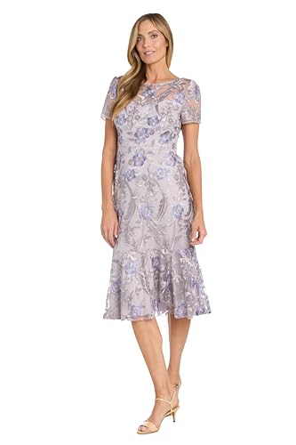 Image of Elegant Embroidered Mesh Midi-Length Dress W /Flounce Hem & Short Sleeves