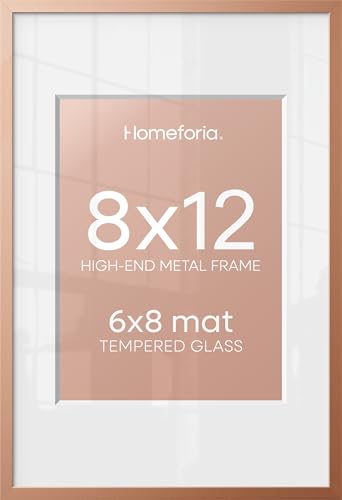 Image of Homeforia 8x12 Rose Picture Frame, High-End Metal, 6x8 Mat, Glass | High End Aluminum, Tempered Glass, Acid-Free 6x8 Removable Mat, 8x12 in Edge-to-Edge Display 12x8, Wall Kit, Set Of 1