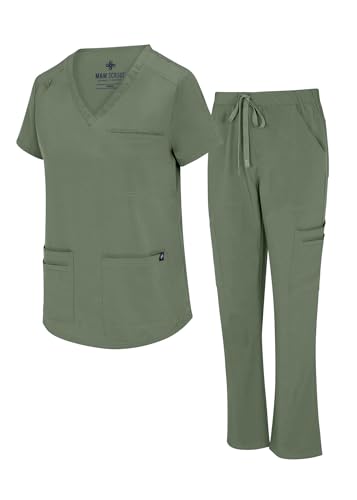 Natural Uniforms Womens 11 Pocket Cool Stretch Cargo Scrub Set (Olive, Medium)