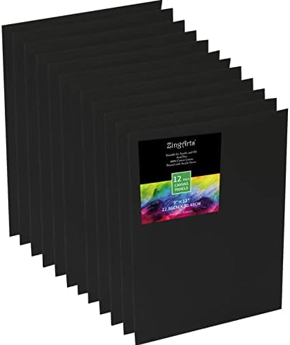 Zingarts Black Canvas 9x12 Inch 12-Pack,100% Cotton Primed Painting Canvas Panels. Black Canvas for Painting is for Professionals,Students & Kids, for Acrylic Paint, Oil Paint, Watercolor, Gouache
