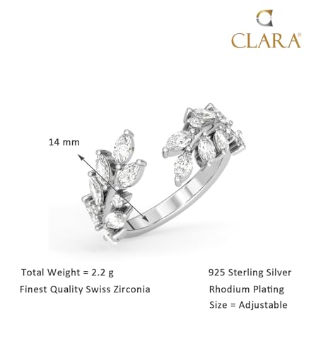 Image of Clara Pure 925 Silver Leafy Finger Ring with Adjustable Band for Women | Gift for Women Girls Wife Girlfriend | Swiss Zirconia | Platinum Plated | Minimal Daily Wear