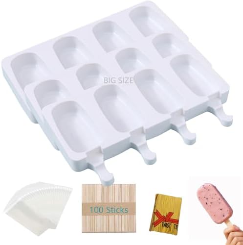 Stampi Gelato in Silicone, Stampi Ghiaccioli, Formine Ghiaccioli, Facile da rilasciare, BPA Free, con 100 Bastoncini di legno, 100 sacchetti per imballaggio e 100 strisce sigillanti (A)
