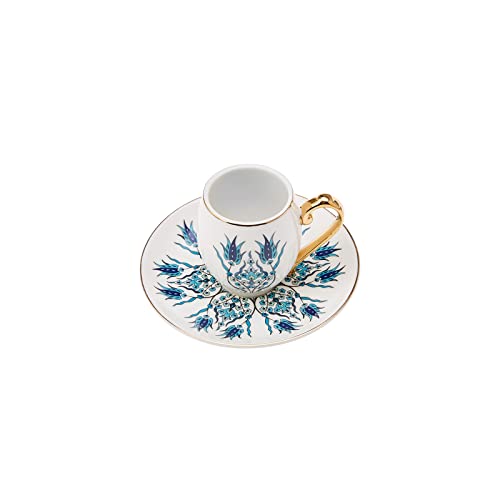 KARACA Iznik Turkish Coffee Cup Set of 6 - (12 Piece) Cups with Saucers - 3 fl oz Small Porcelain Espresso Set - Ideal for Serving Greek, Arabic Coffee