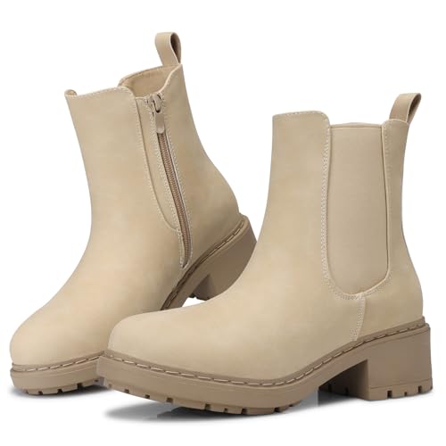 SHIBEVER Women's Chelsea Boots Slip on Chunky Heel Platform Ankle Booties with Lug Sole for Fall Fashion 2025 Size Nude 8