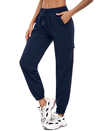 Bresdk Pantalon de Jogging Femme Coton Pantalon de Sport Confortable et Léger Survêtement avec 4 Poches et à Cordon, Bleu Foncé, XXL Cover