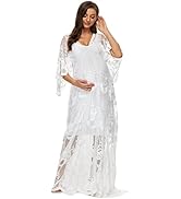 Women's Half Sleeve V Neck White Lace Floral Maternity Gown Maxi Photography Dress (White, L)