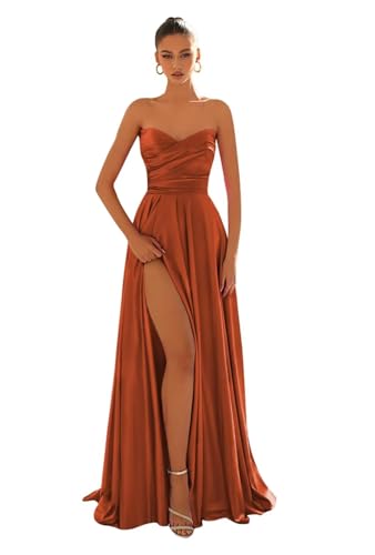 Generic Strapless Satin Prom Dresses for Women Ruched Long Bridesmaid Dresses Formal Gowns with Slit, 2