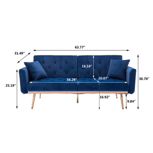 Szlizccc 63" Accent Sofa, Mid Century Modern Velvet Fabric Couch， Convertible Futon Sofa Bed ，Recliner Couch Accent Sofa Loveseat Sofa With Gold Metal Feet (Blue) #TOP1