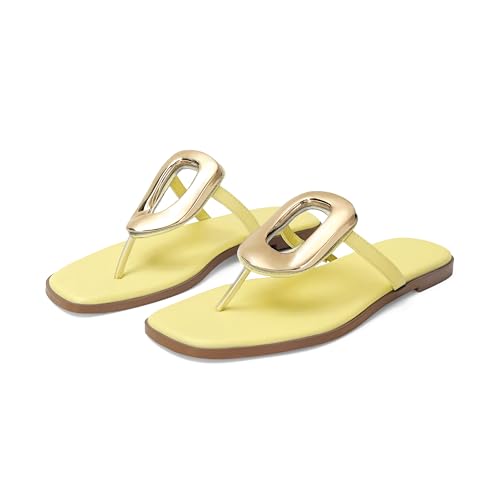 Image of Wnshonzy Flip-Flops for Women Thong Sandals Flat Slip on Slides Beach Comfort Open Square Toe Ladies Slipper Dressy Metal Hardware Decoration Summer Shoes Casual Fashion