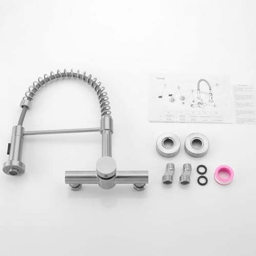 Tondiy Küchenarmatur Wandmontage mit Herunterziehbare Brause, Hoch Gebogen Wandarmatur mit 2 Strahlarten, 360° drehbar Mischbatterie Wand Wasserhahn Küche aus Edelstahl, Matt