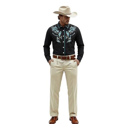 Costume de cowboy hippie 2026 - Chemise de cowboy western avec design robuste aux épaules - Manches longues - Boutonnée - Chemise décontractée de style...