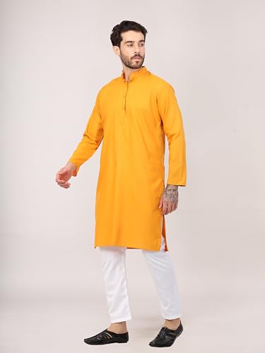 Image of HUZUR Men's Cotton Full Sleeve Long Knee Length Kurta Pajama Comfortable Wear for Festival and Occasion like Holi,Diwali,Eid,Haldi,Mehendi and Wedding