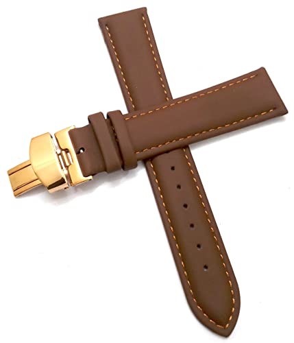 Image of 18mm 19mm 20mm 21mm 22mm 23mm 24mm Genuine Leather Butterfly Deployment Clasp Buckle Watch Band Strap Black Dark Brown TAN Blue Rose Black Gold White